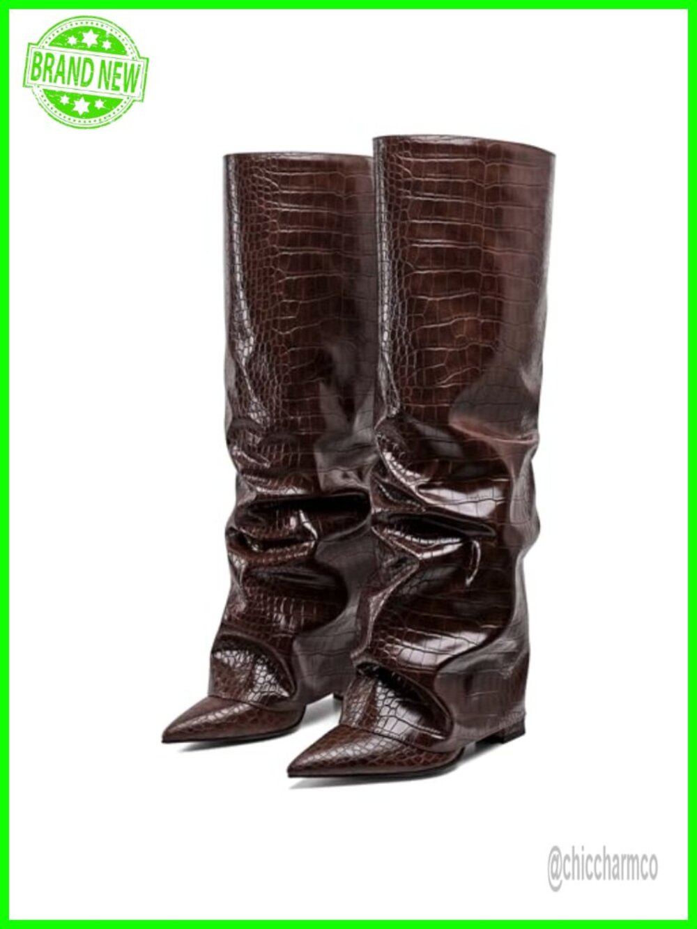Women Wide Calf Knee High Boots Chunky Block Heel Slip On Fold Over Pointed Toe